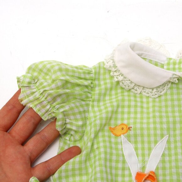 Vintage Baby Girl Green Dress Gingham Checkered Outfit Lightweight Bunny Frills - Picture 9 of 10